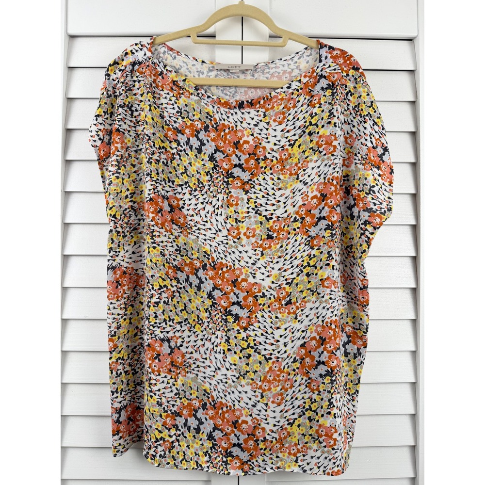 LOFT Blouse Women XXL Multi-Color Floral Mixed Media Short Sleeve Dolman
